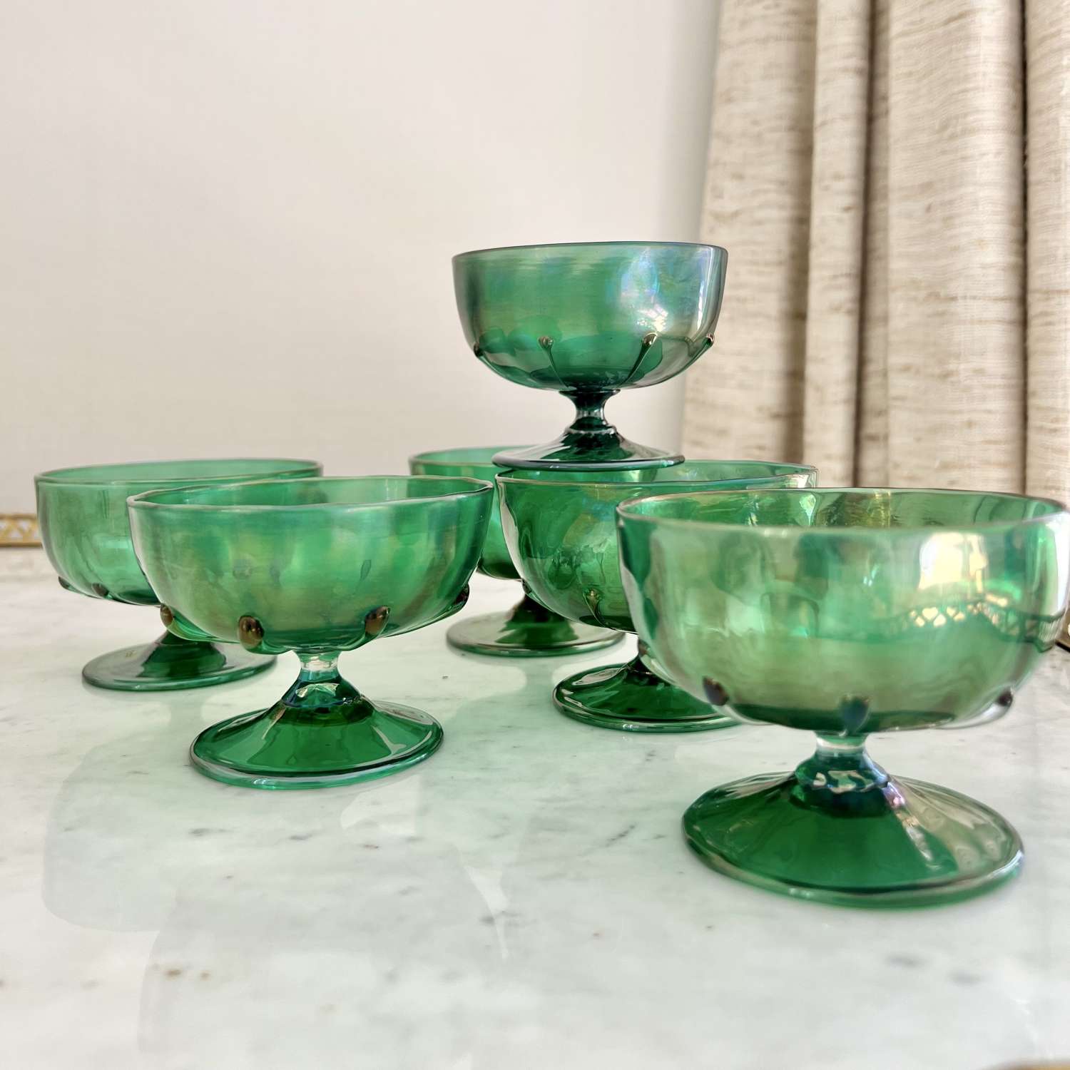 Set of six Salviati Murano emerald green bowls