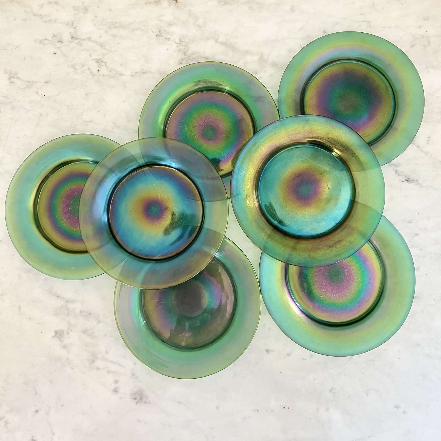 Rare Art Nouveau green/purple lustre glass plates