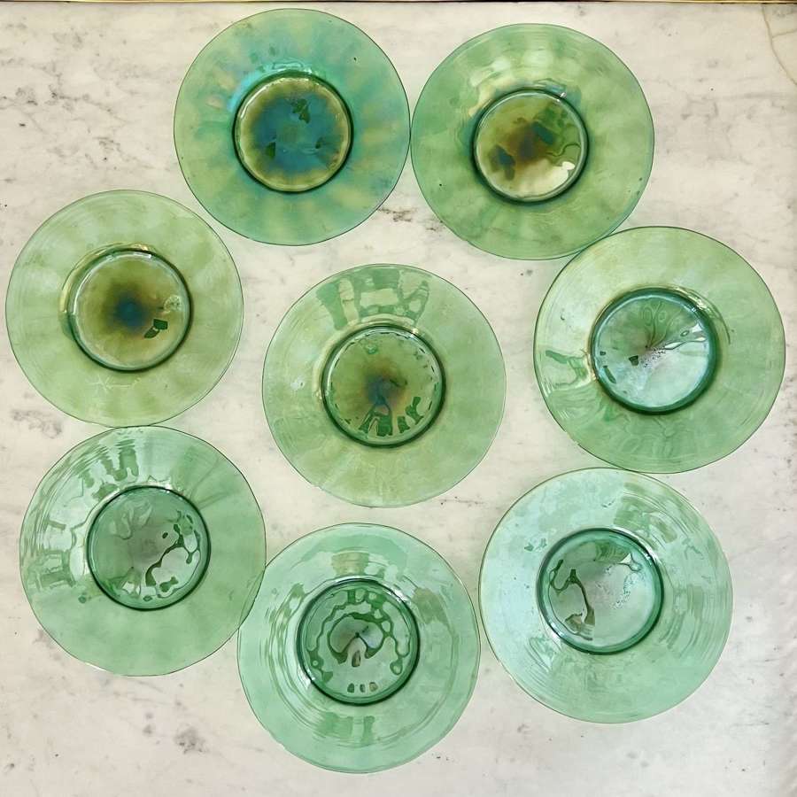 Eight Art Deco Murano green lustre glass plates