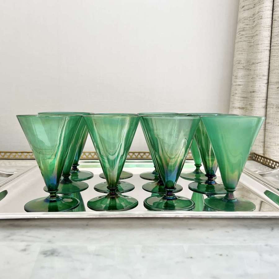 12 Art Deco emerald green lustre wine glasses