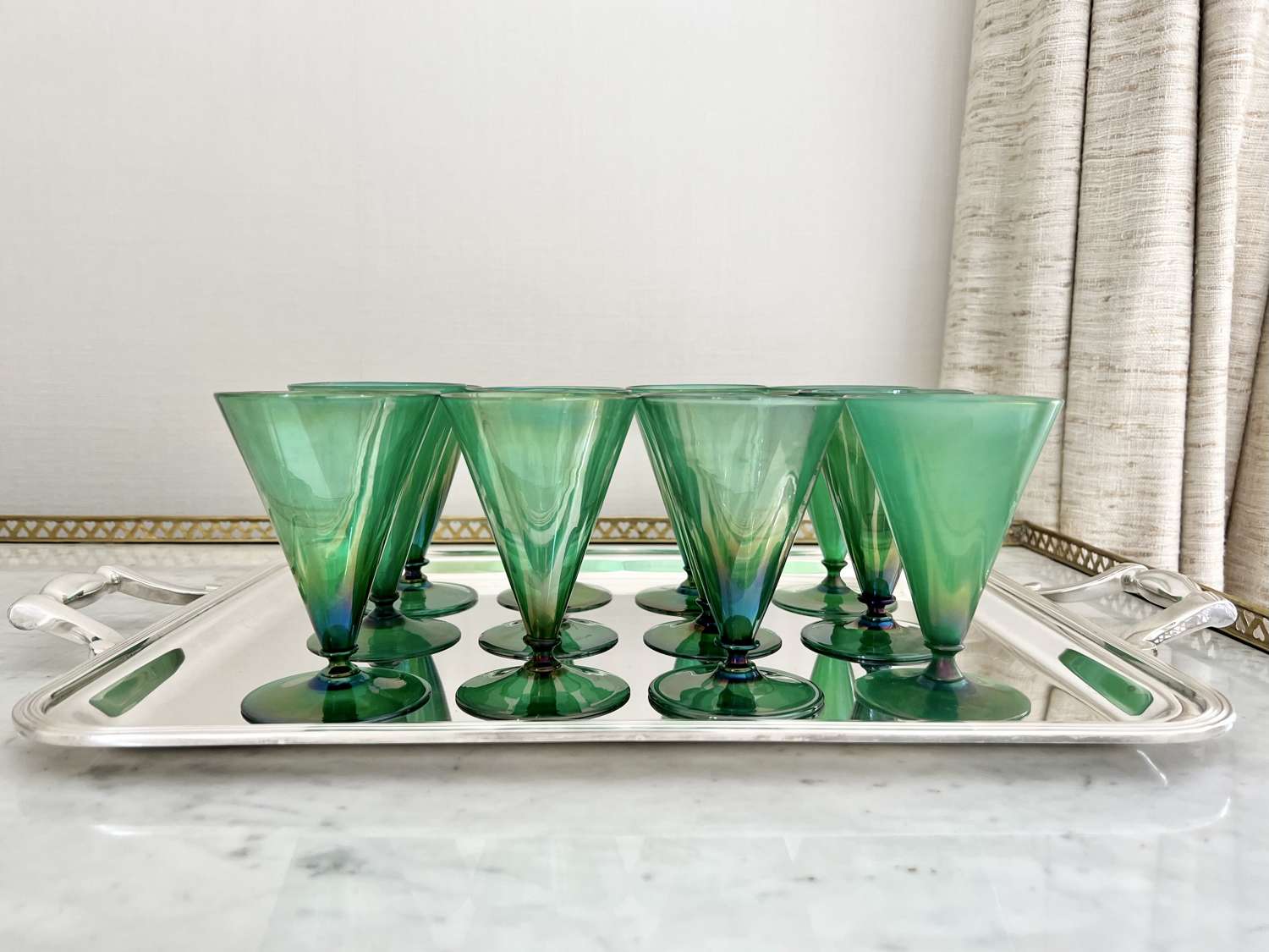12 Art Deco emerald green lustre wine glasses