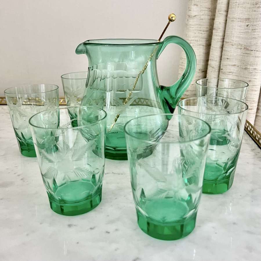 1930s Daum etched green glass cocktail jug and glasses