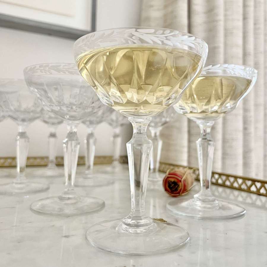 Exquisite Val Saint Lambert etched crystal coupes