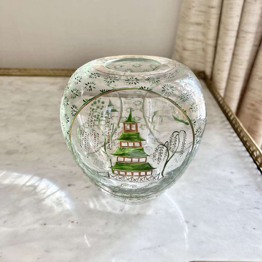 Rare signed Art glass Chinoiserie enamel painted vase