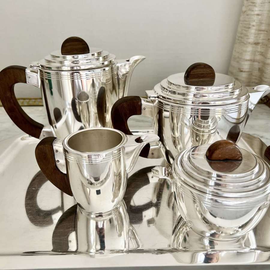 French Art Deco silver plated and wooden handled tea set and tray