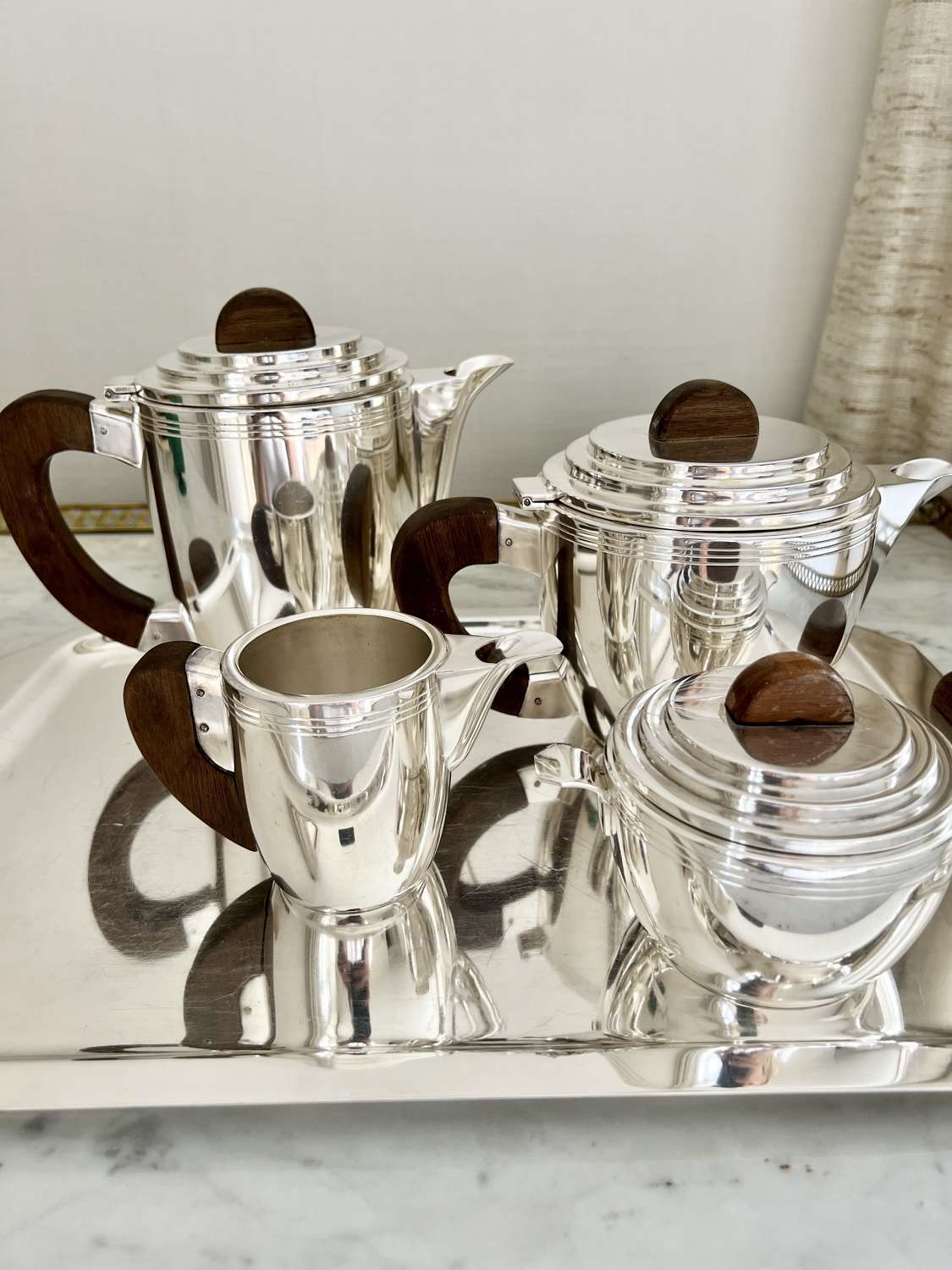 French Art Deco silver plated and wooden handled tea set and tray