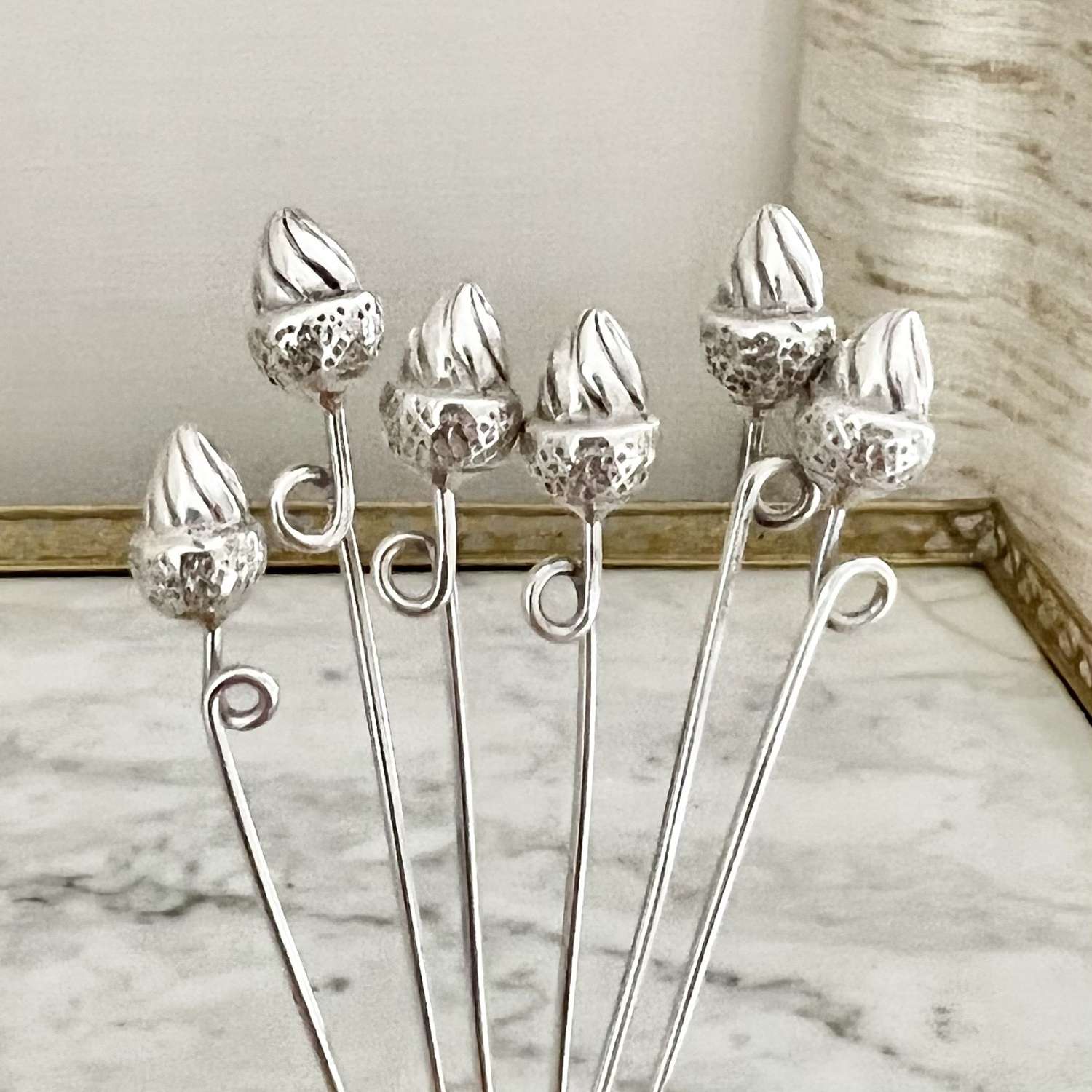 Acorn finial silver cocktail stick set