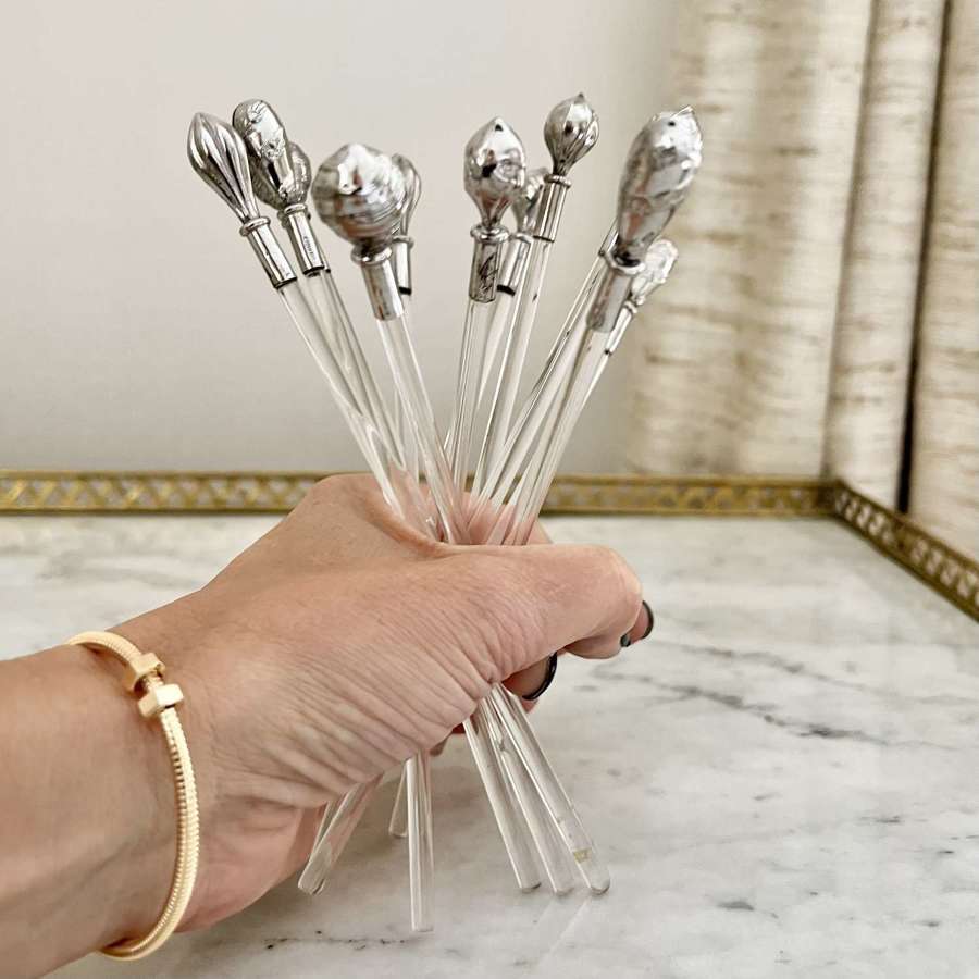Set of 11 Silver & lucite long cocktail stirring sticks