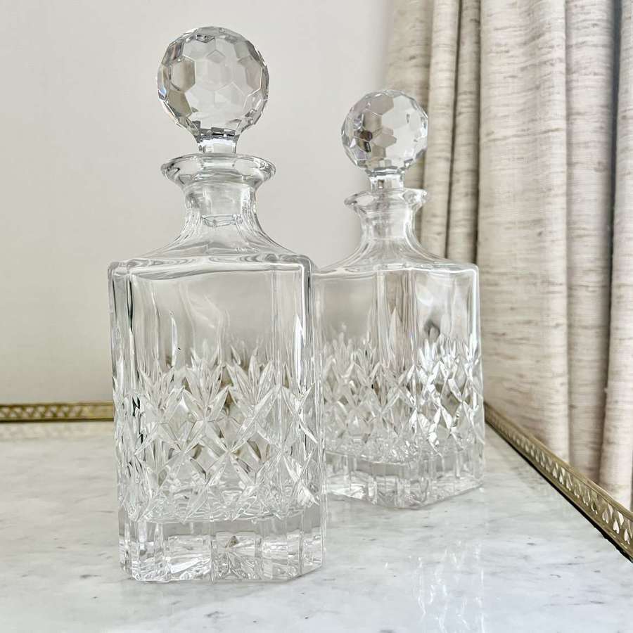 Pair Mid Century English crystal whiskey decanters by Thomas Webb