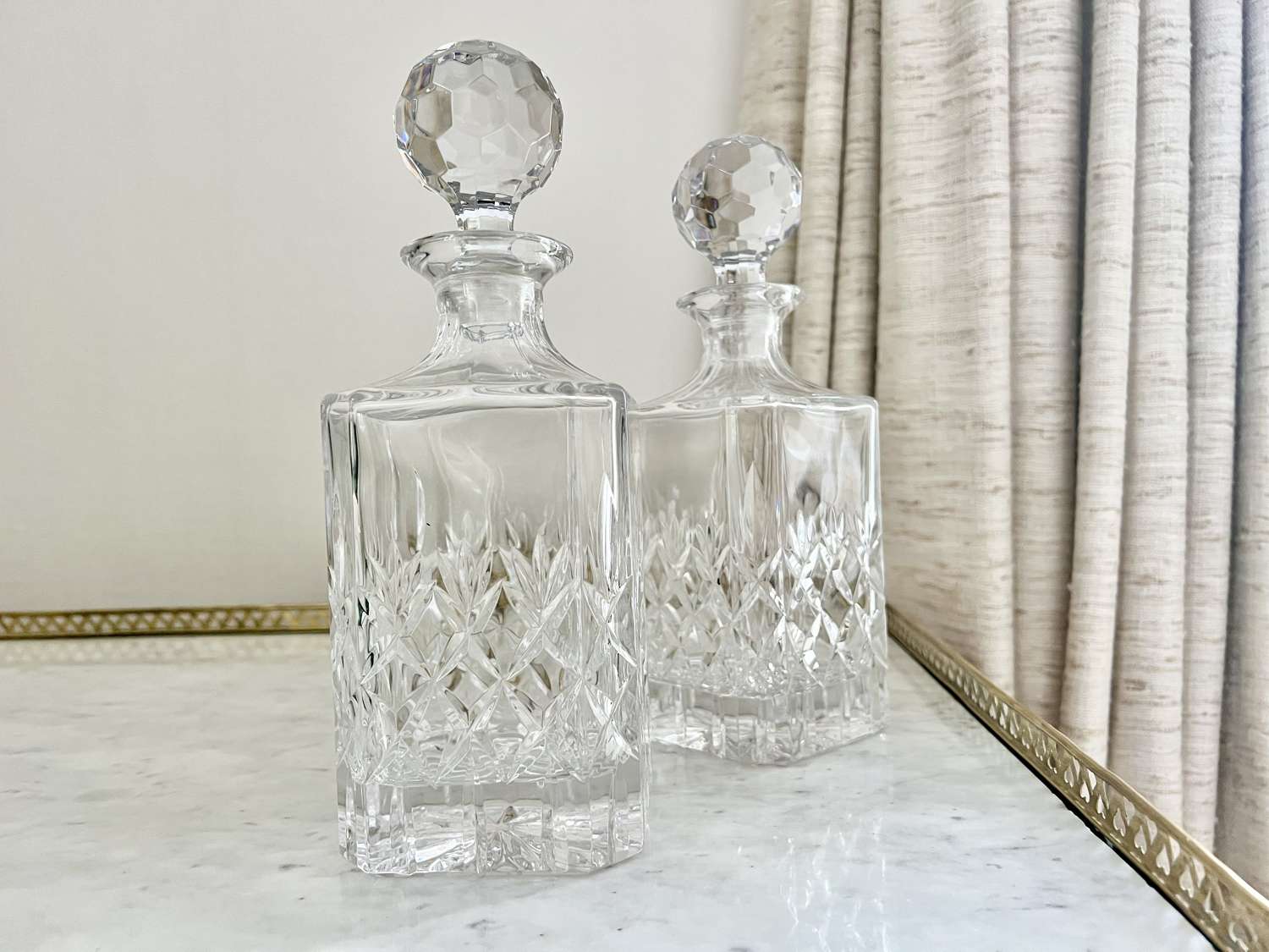 Pair Mid Century English crystal whiskey decanters by Thomas Webb