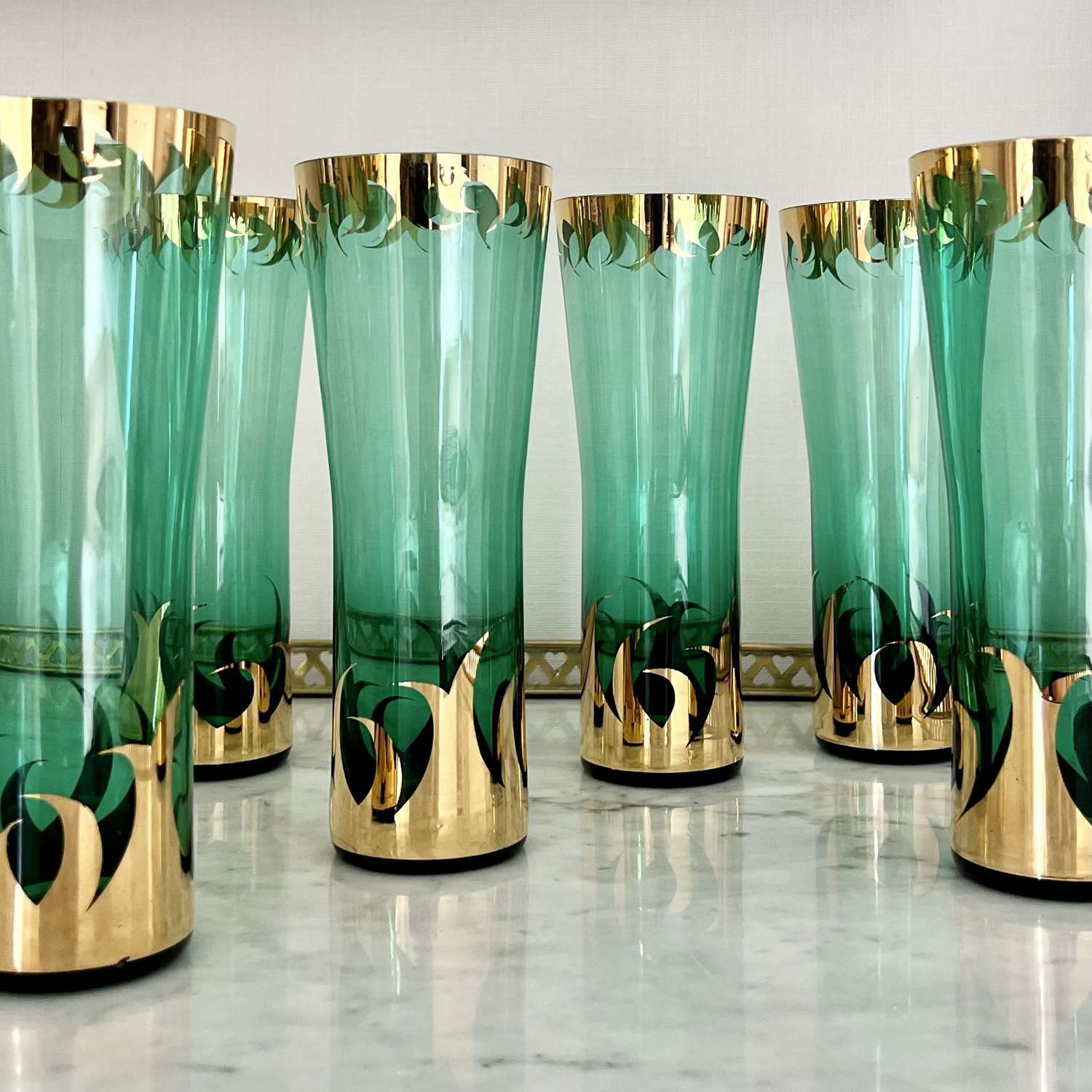 Superb set of Mid Century green & gold cocktail glasses Circa 1960s