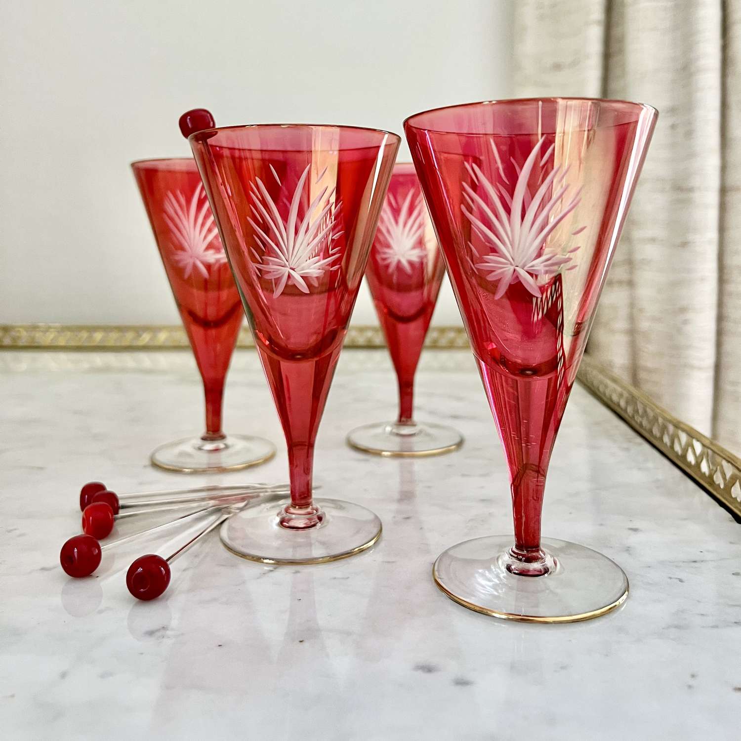 Four feather etched ruby & gold cocktail glasses