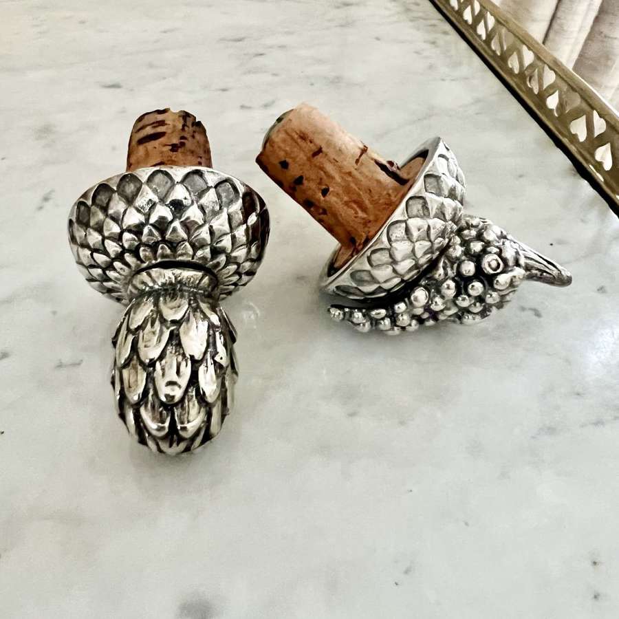 Pair Vintage silver plated & cork bottle stoppers