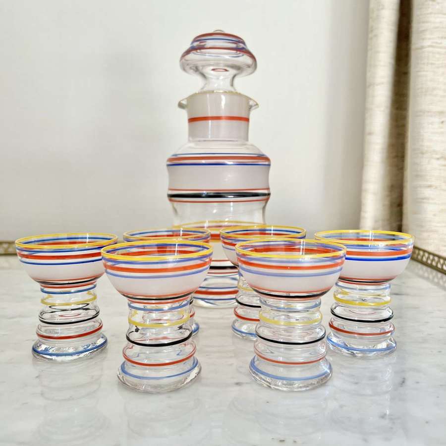 Fabulous Art Deco Striped Glass Cocktail Shaker/Decanter And Glasses