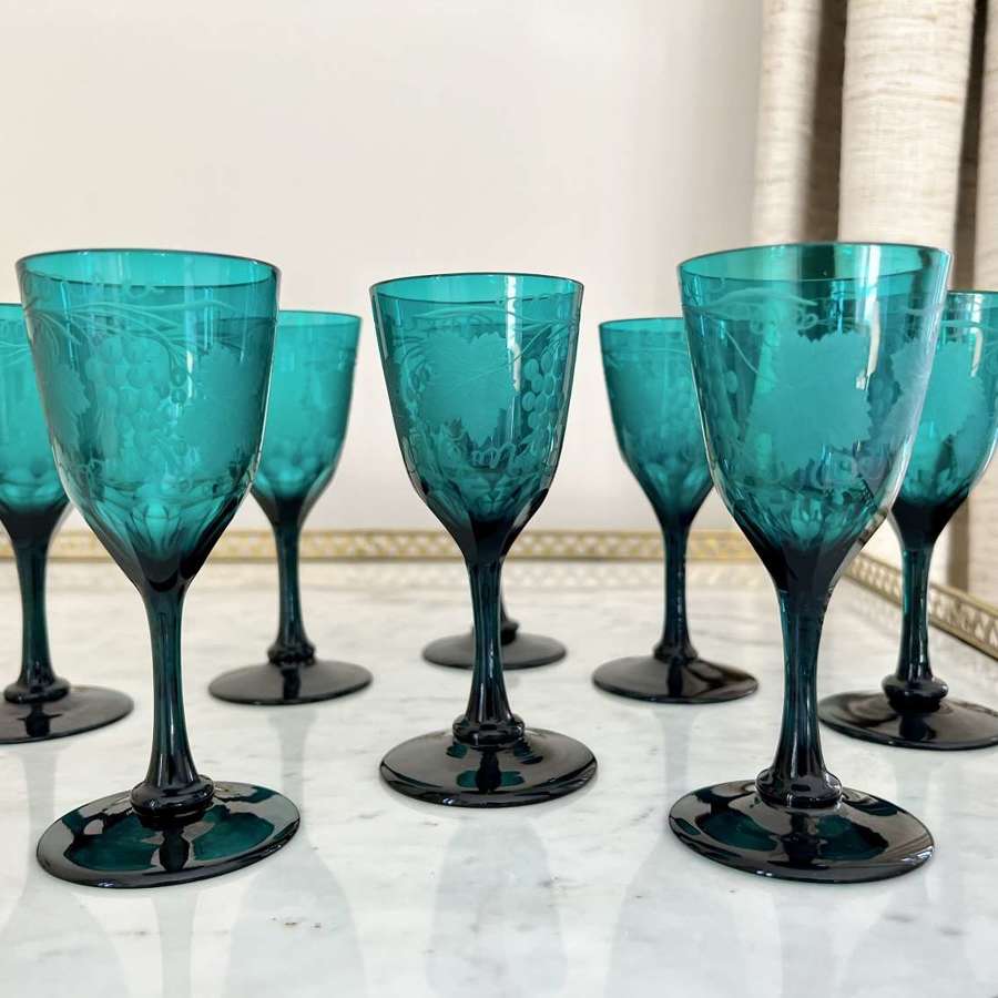 An Extraordinary Set Of 8 Georgian Vine Etched Bristol Green Glasses