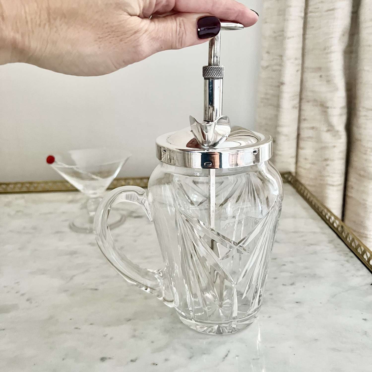 Art Deco Silver Plated & Cut Glass Mechanical Cocktail Mixer