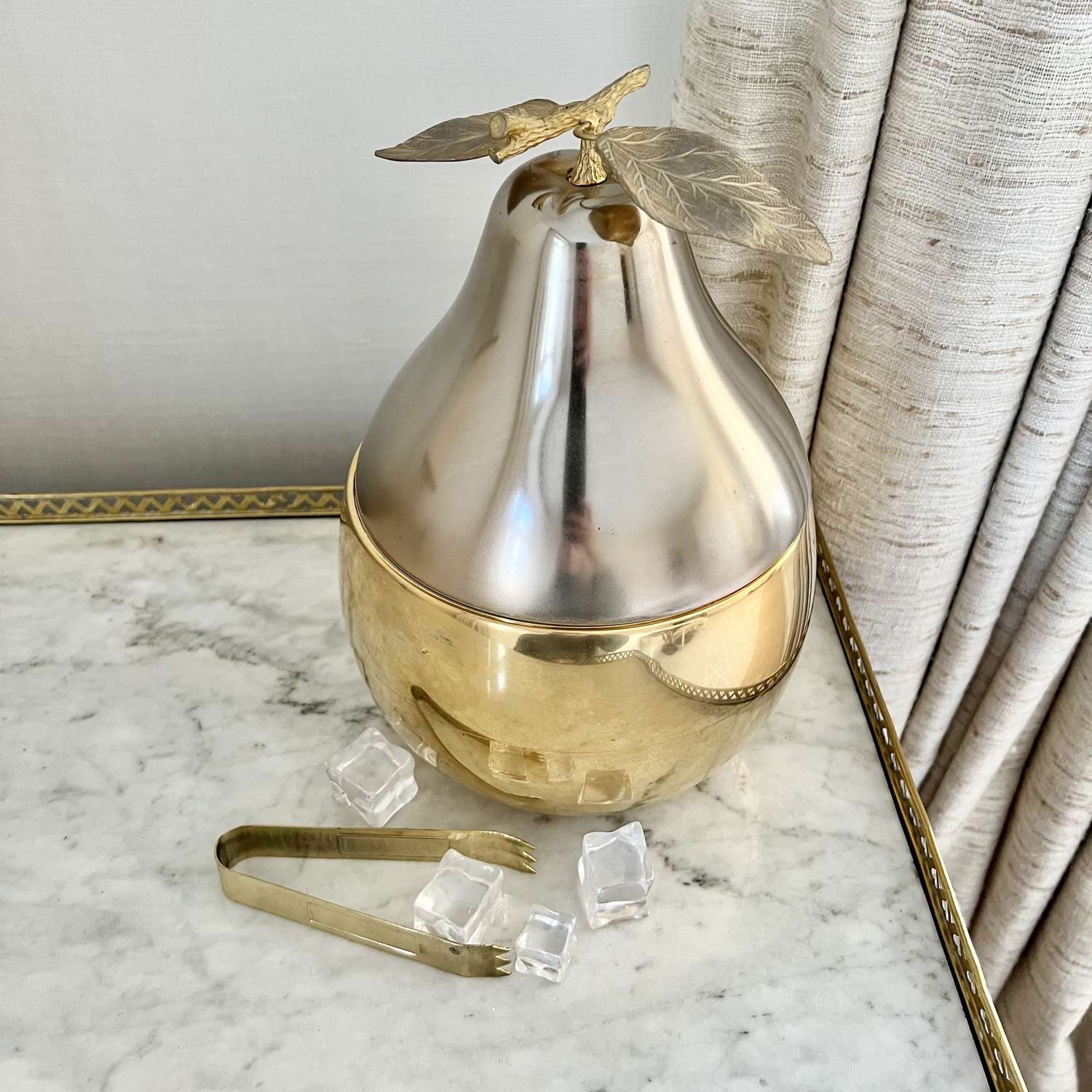 Large Gold Pear Ice Bucket & Tongs By Freddotherm