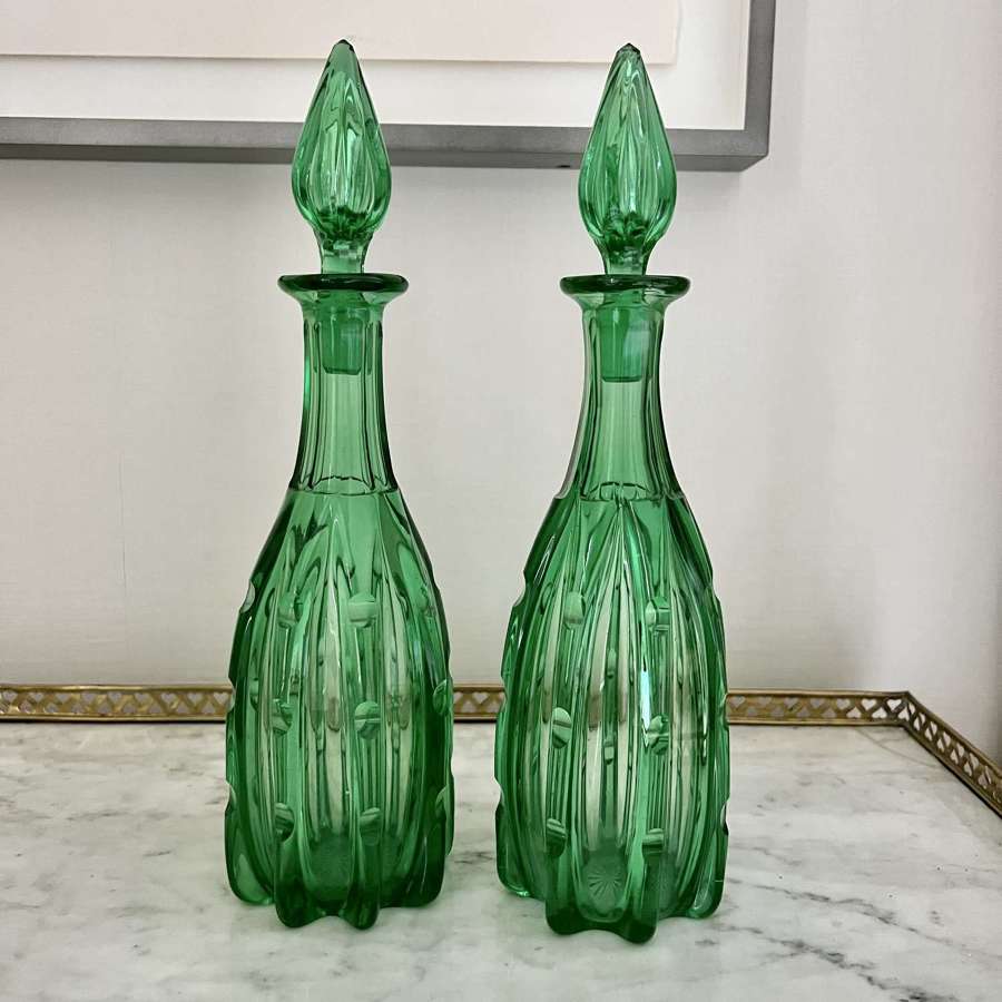 Fine pair of Arts & Crafts Green Glass Pillar Decanters 1930s