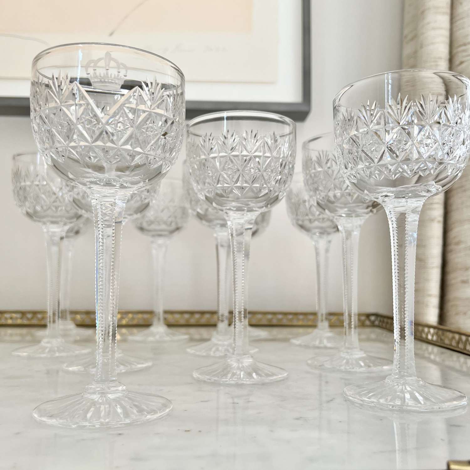 11 Crown Etched Crystal Tall Stem Wine Glasses