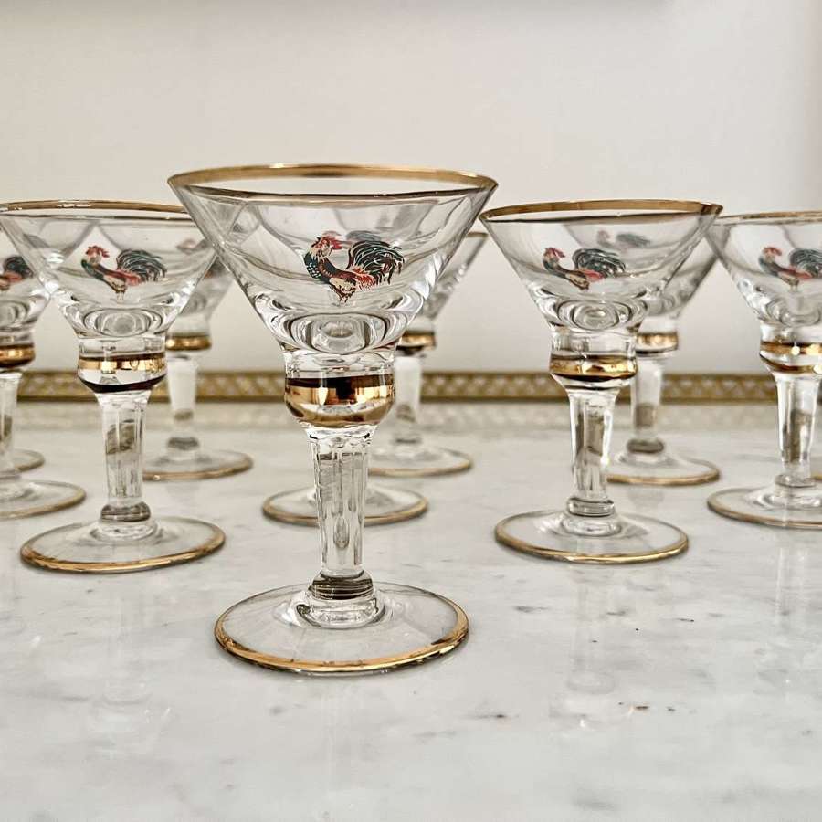 11 Art Deco Cockerel Painted & Gold Rim Cocktail Glasses, Circa 1930