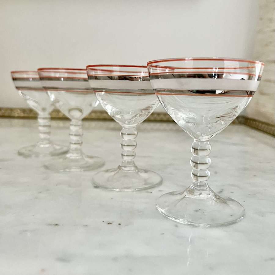 Set Of 4 Art Deco Silver And Red Cocktail Glasses