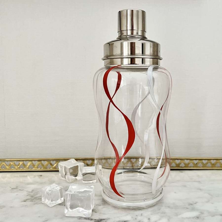 Red & White Ribbons Waisted Glass Cocktail Shaker 1950S