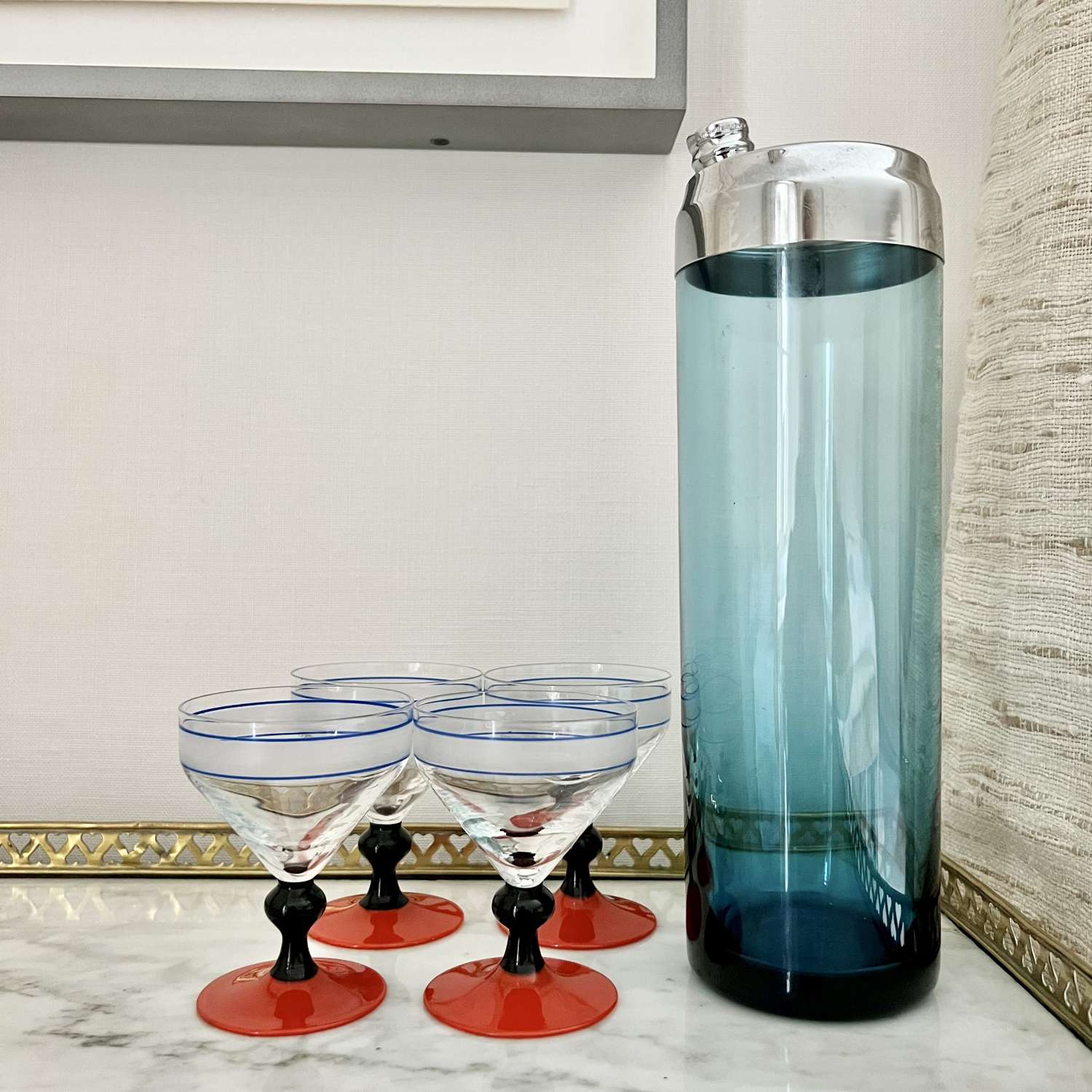 1960S Blue Glass & Chrome Extra Tall Cocktail Shaker