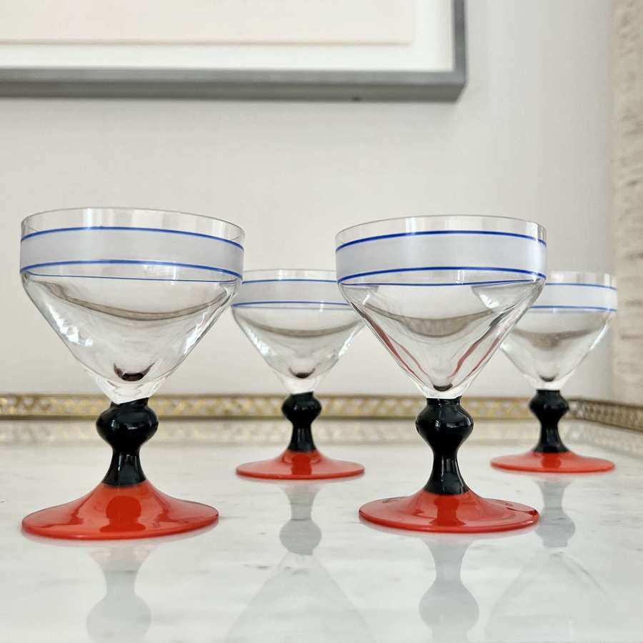 4 Art Deco Red & Black Stem Small Cocktail Coupes