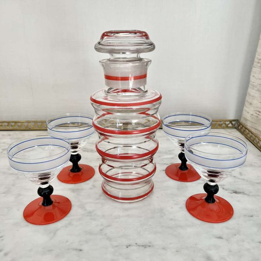 1940s Red & Silver Ringed Glass Cocktail Shaker Decanter