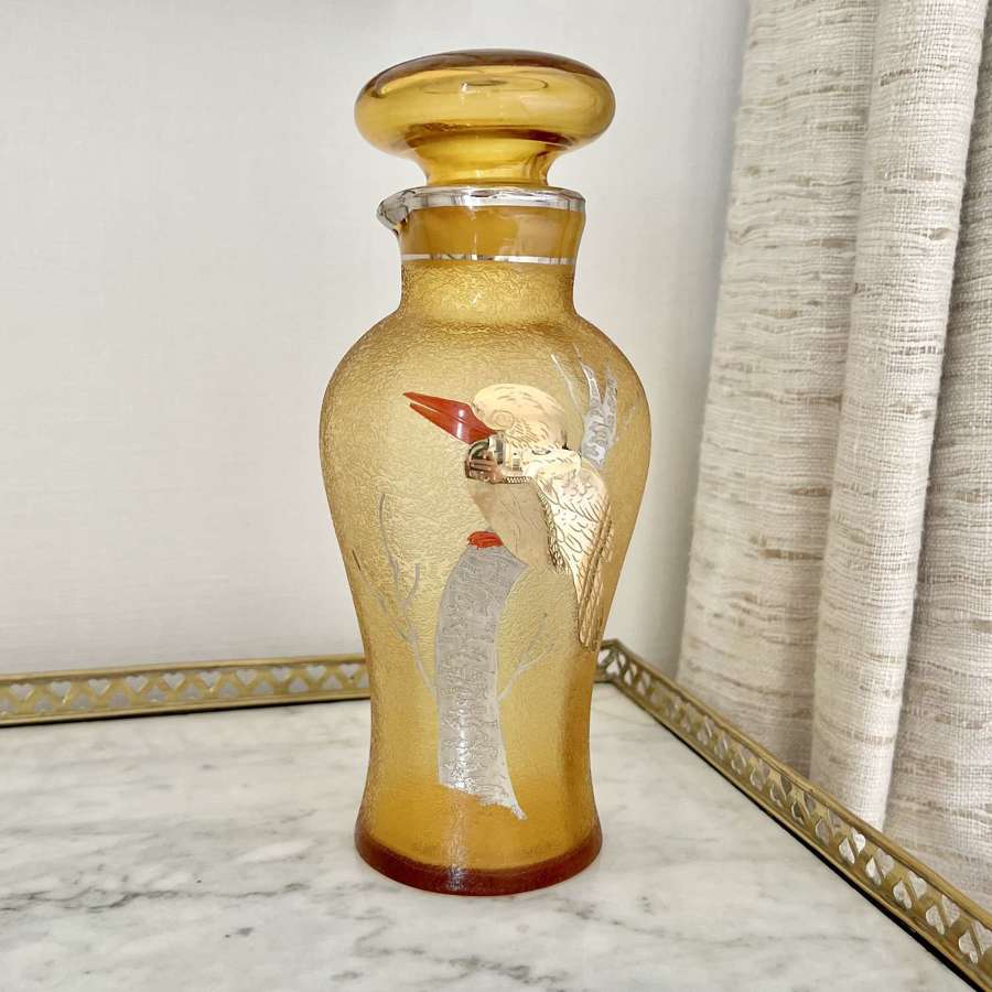Art Deco Crackle Glass Shaker With Gold & Silver Japanese Bird