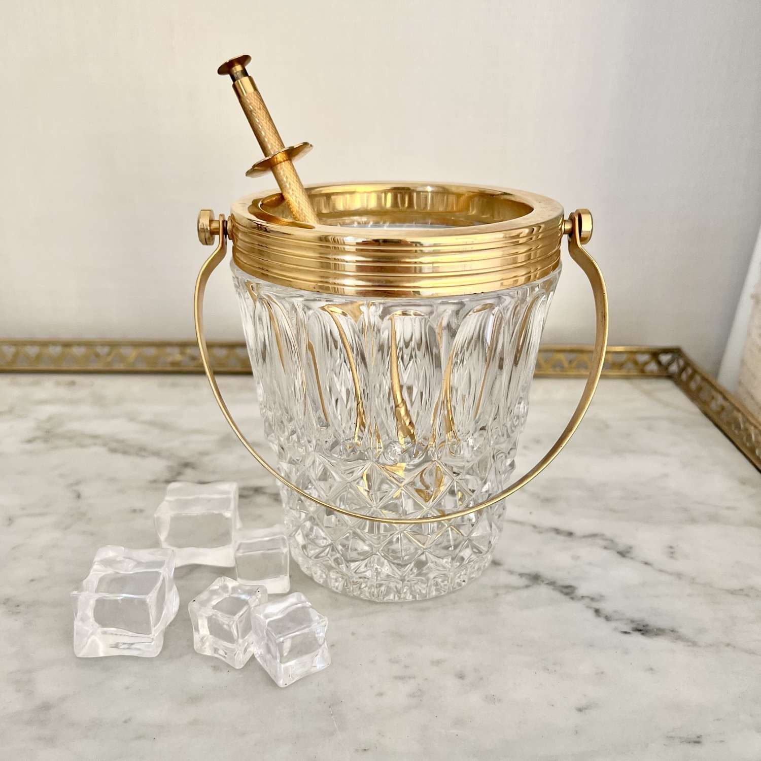 French Gold Plated & Glass Ice Bucket & Ice Grabbers