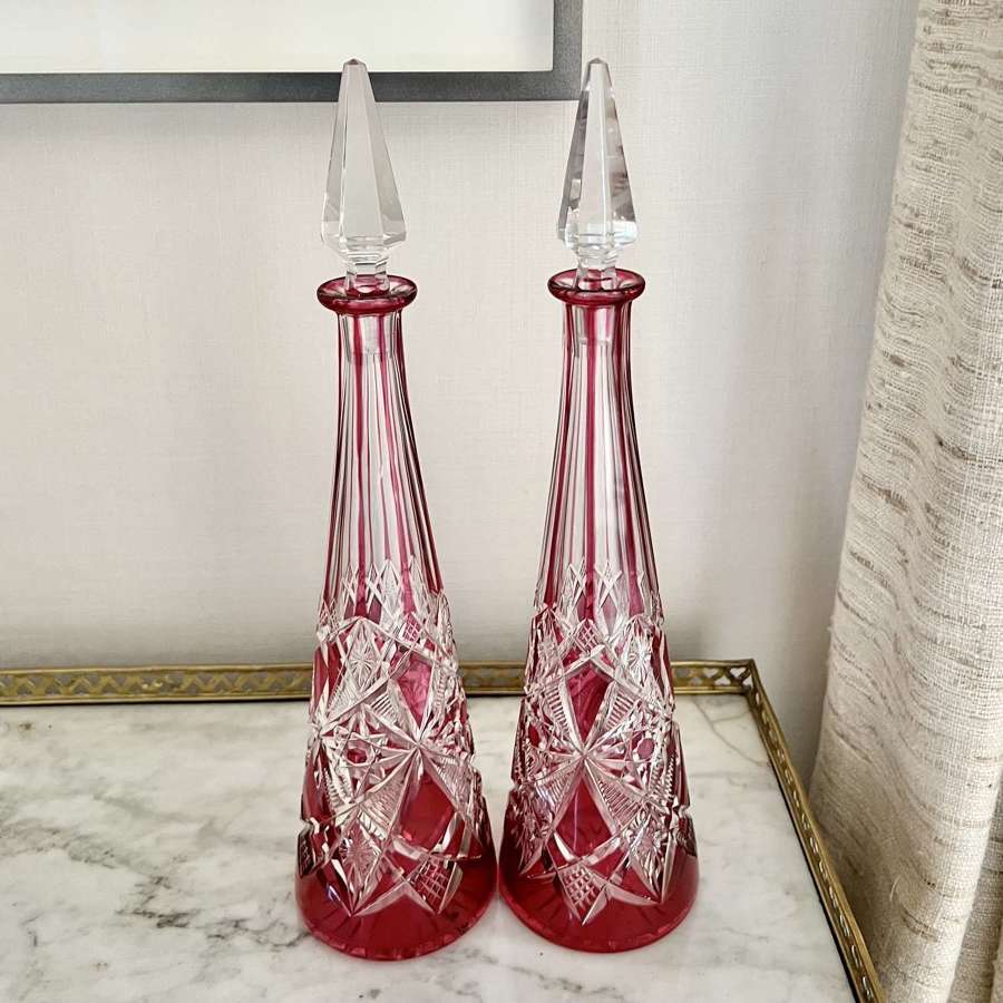 Excellent Pair Antique Baccarat Pink Crystal Decanters