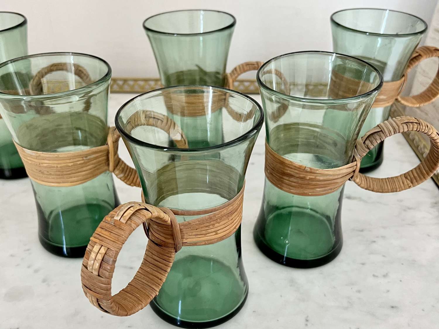 Six Iconic Carl Aubock Rattan Handle Green Glasses 1950s