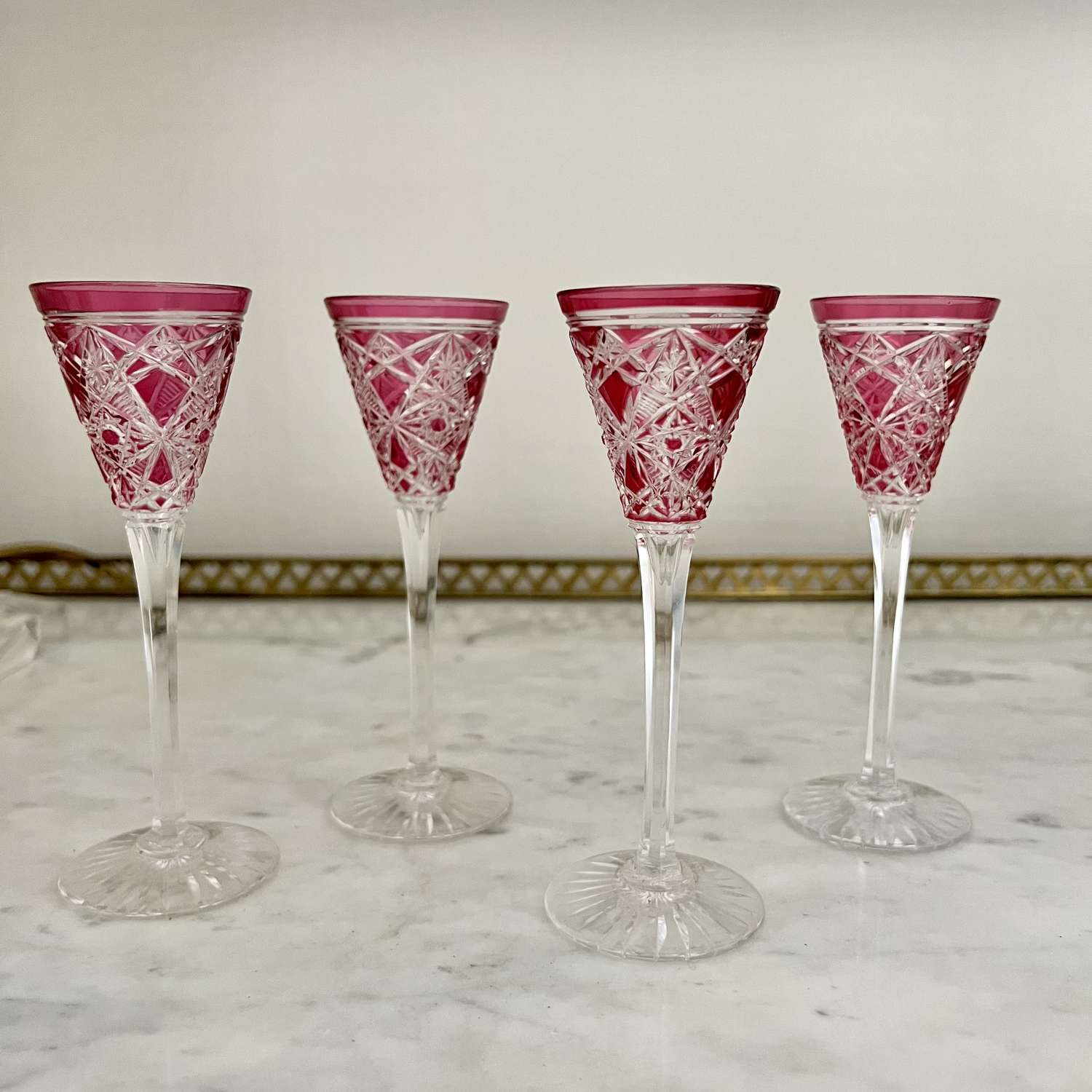 Tall Antique Baccarat Pink Crystal Liqueur Glasses