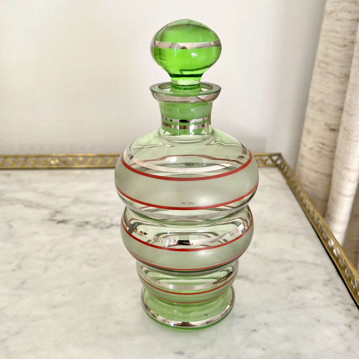 Mid Century Striped Green Glass Cocktail Shaker Decanter