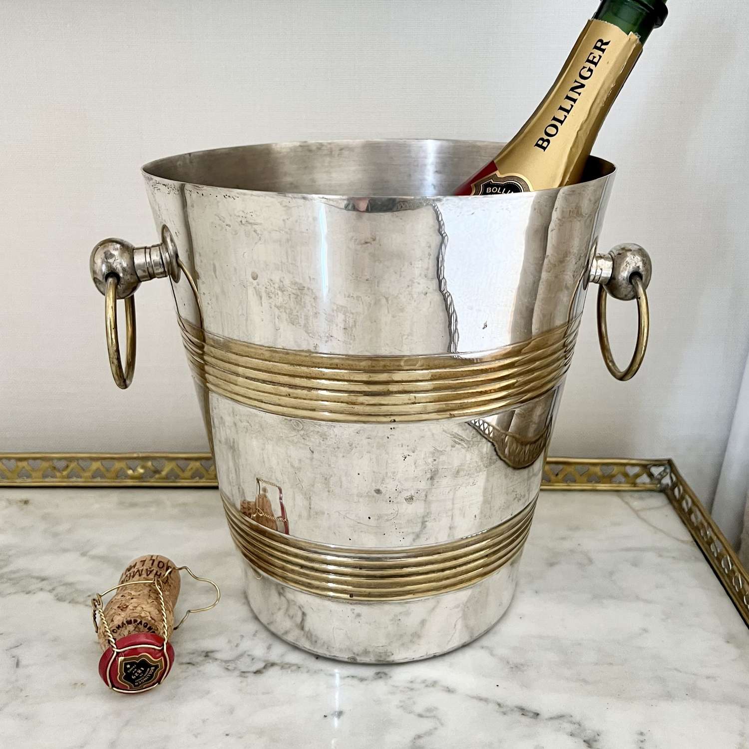 French Silver Plated Ring Handled Champagne Wine Bucket Cooler