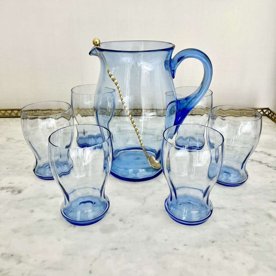 Art Deco Blue Glass Cocktail Jug & Tumblers Set
