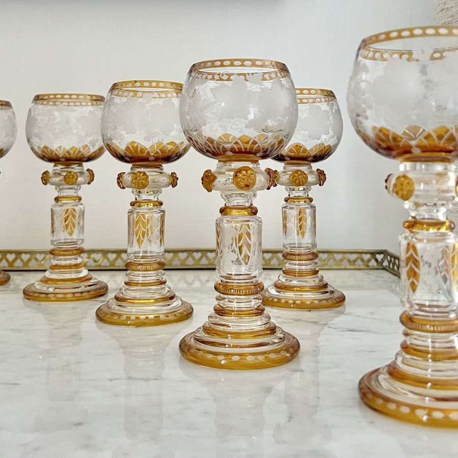 Superb Set Of Art Nouveau Amber Etched Roemer Wine Glasses