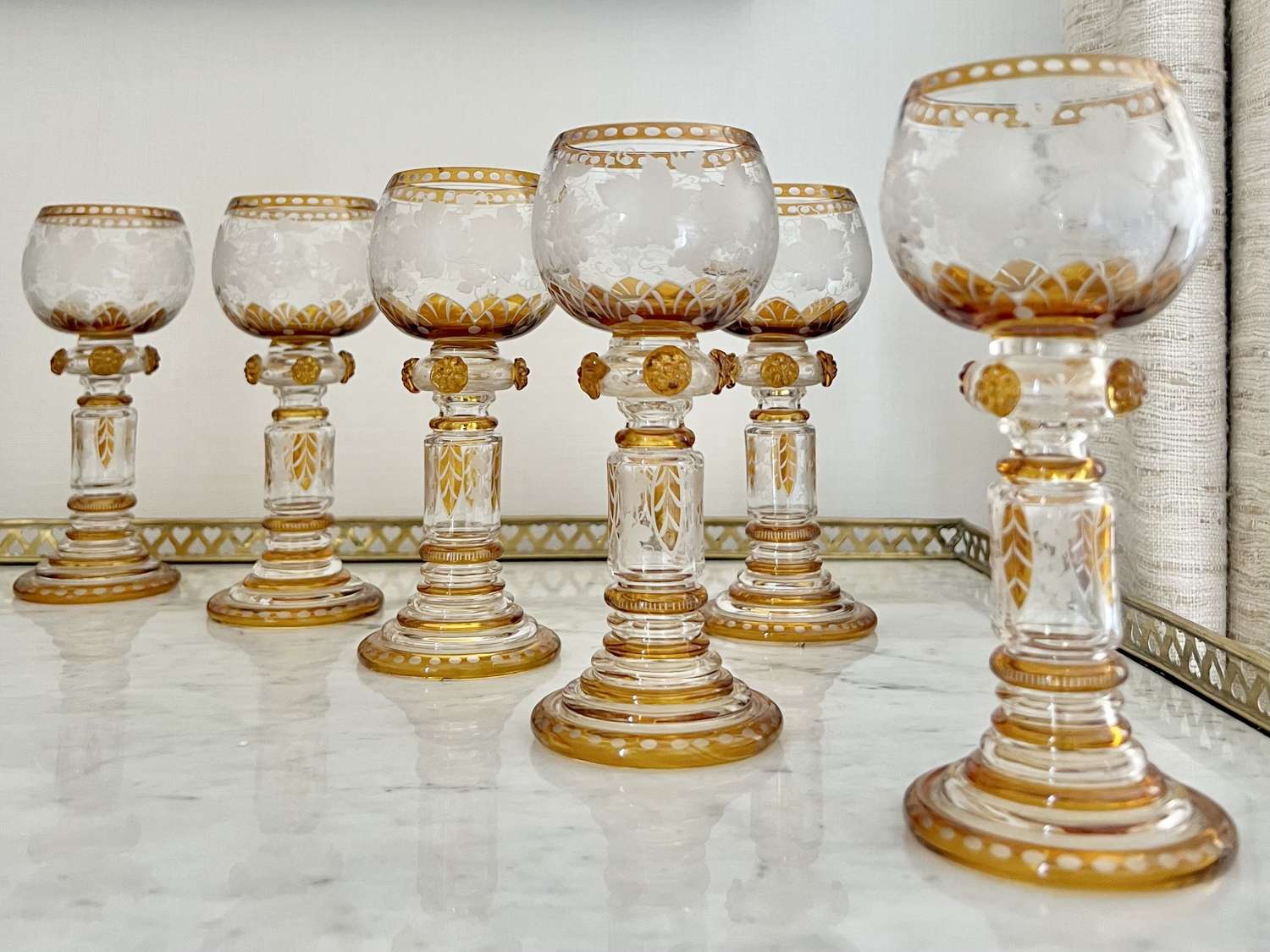 Superb Set Of Art Nouveau Amber Etched Roemer Wine Glasses
