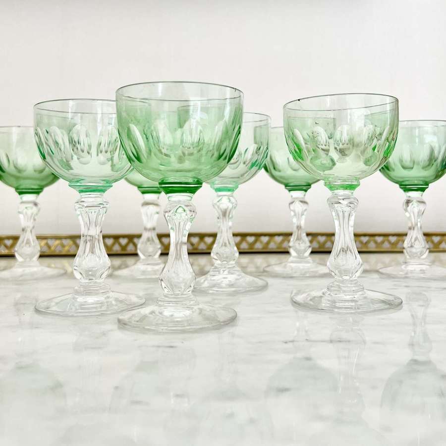 Set Of Air Blown Stem Uranium Crystal Glasses By Val Saint Lambert