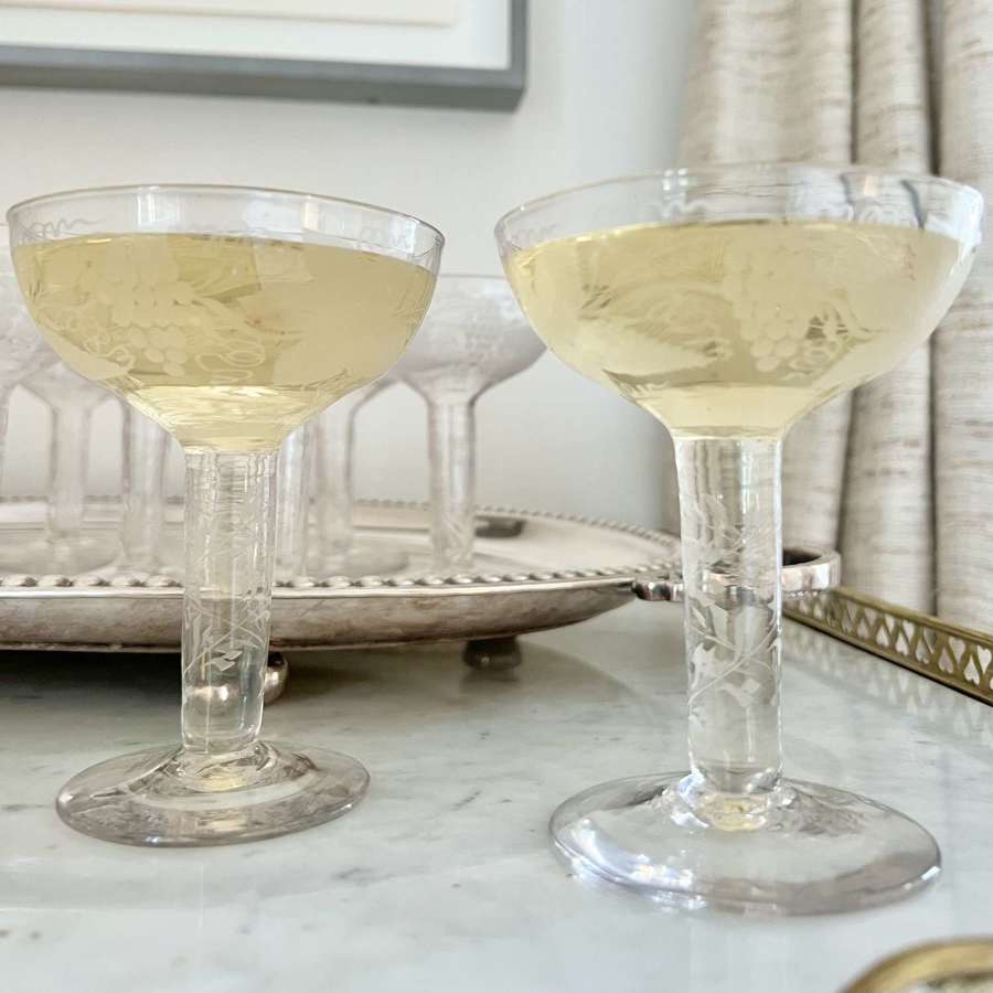 Superb Victorian Hollow Stem Etched Champagne Coupes
