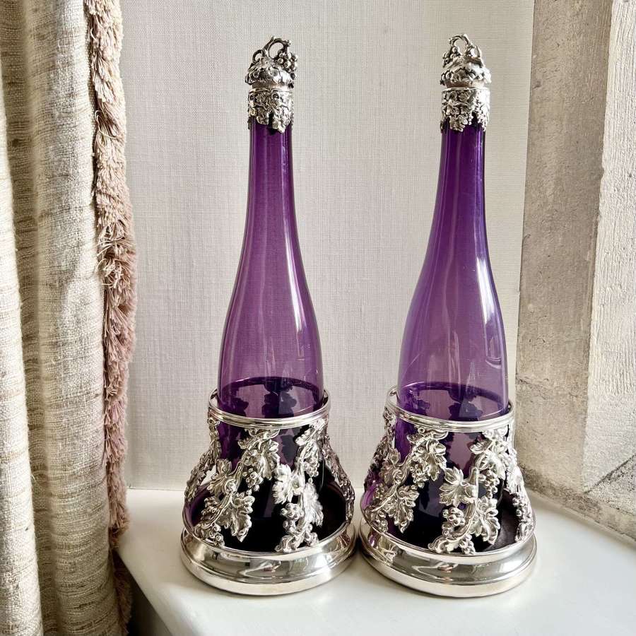 Pair Amethyst Glass Decanters & Matching Silver Plated Coasters