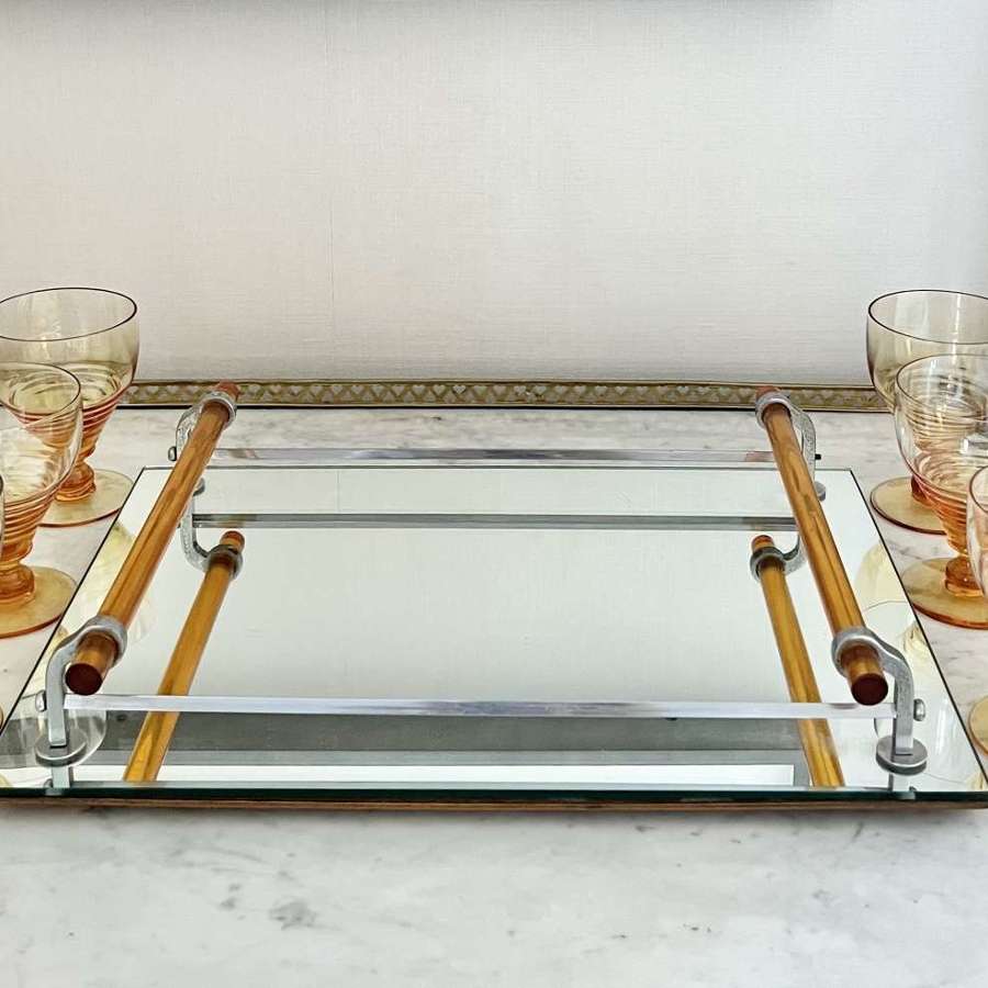 Art Deco Mirror & Amber Glass Cocktail Tray