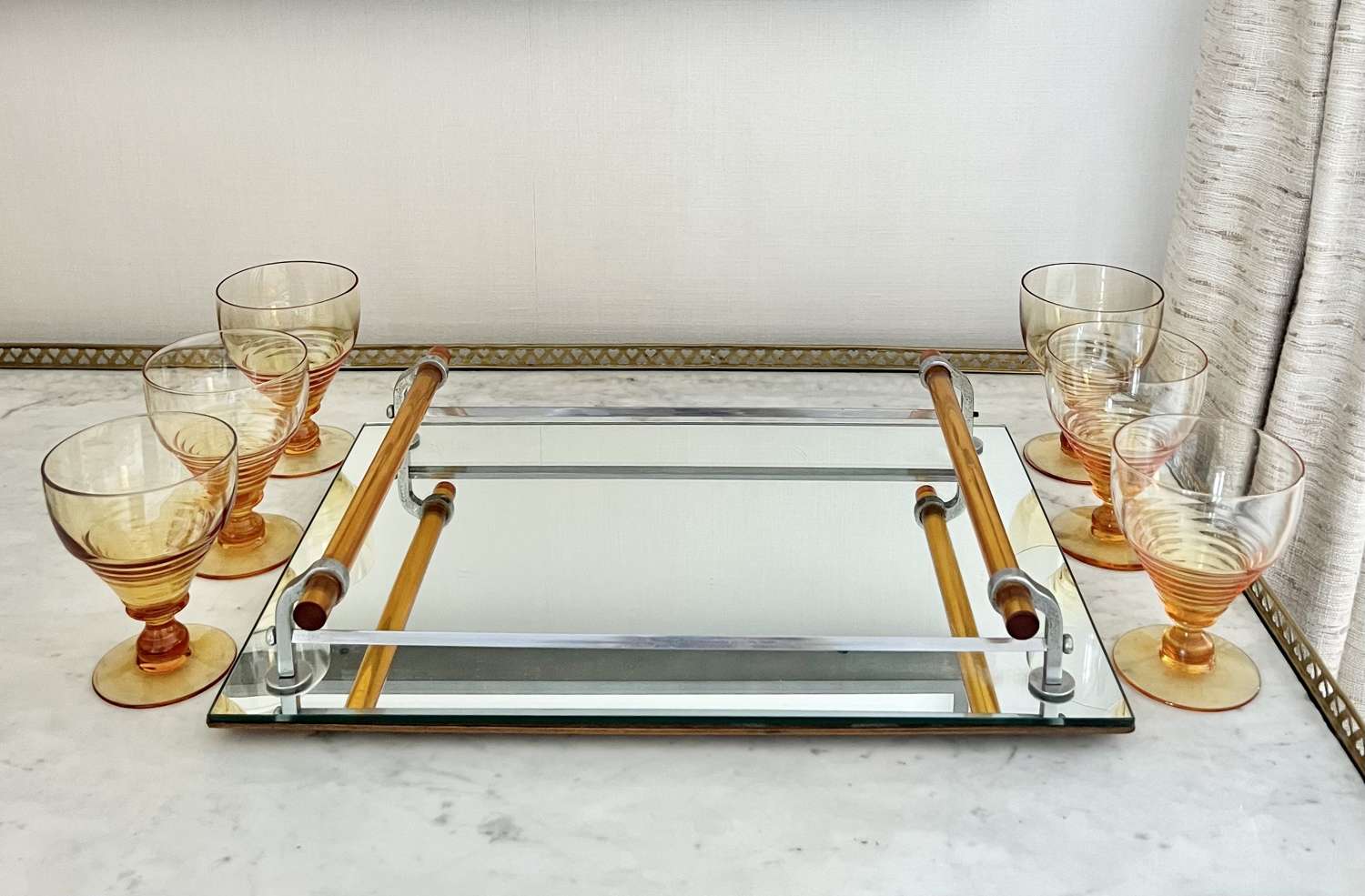 Art Deco Mirror & Amber Glass Cocktail Tray