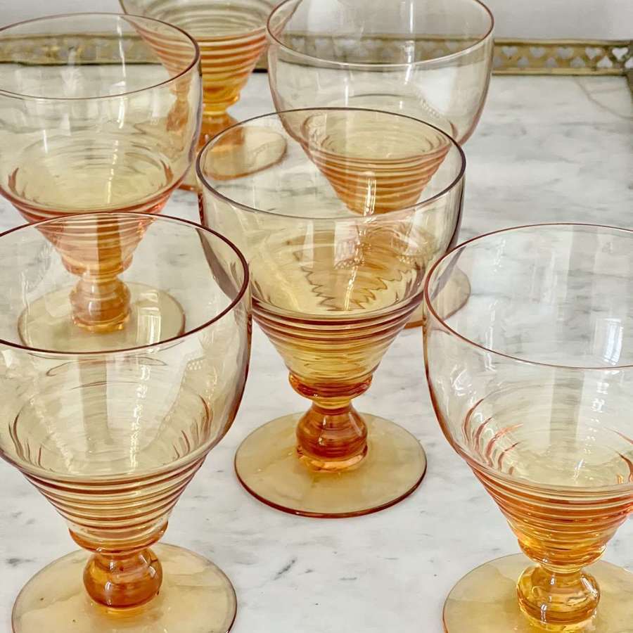 Six Art Deco Large Amber Wine Or Water Goblets By Stuart