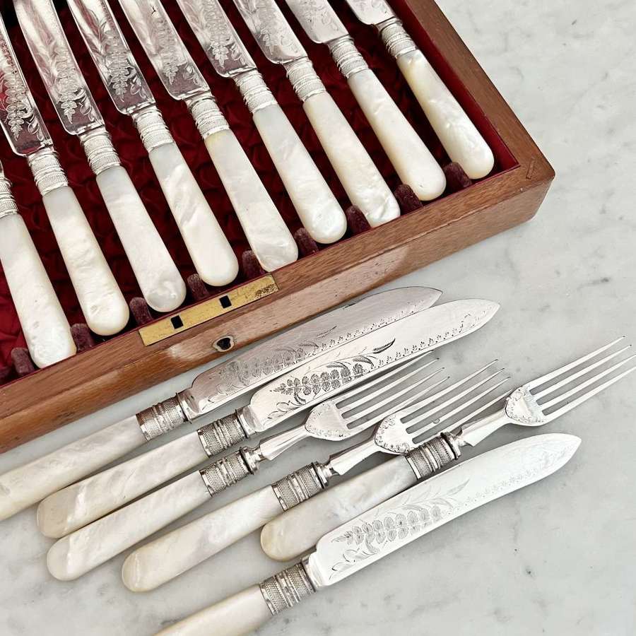 Silver Plated Fruit Knives & Forks With Mother Of Pearl Handles For 12