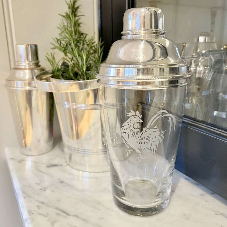 Excellent English Art Deco Etched Glass Cocktail Shaker By James Dixon