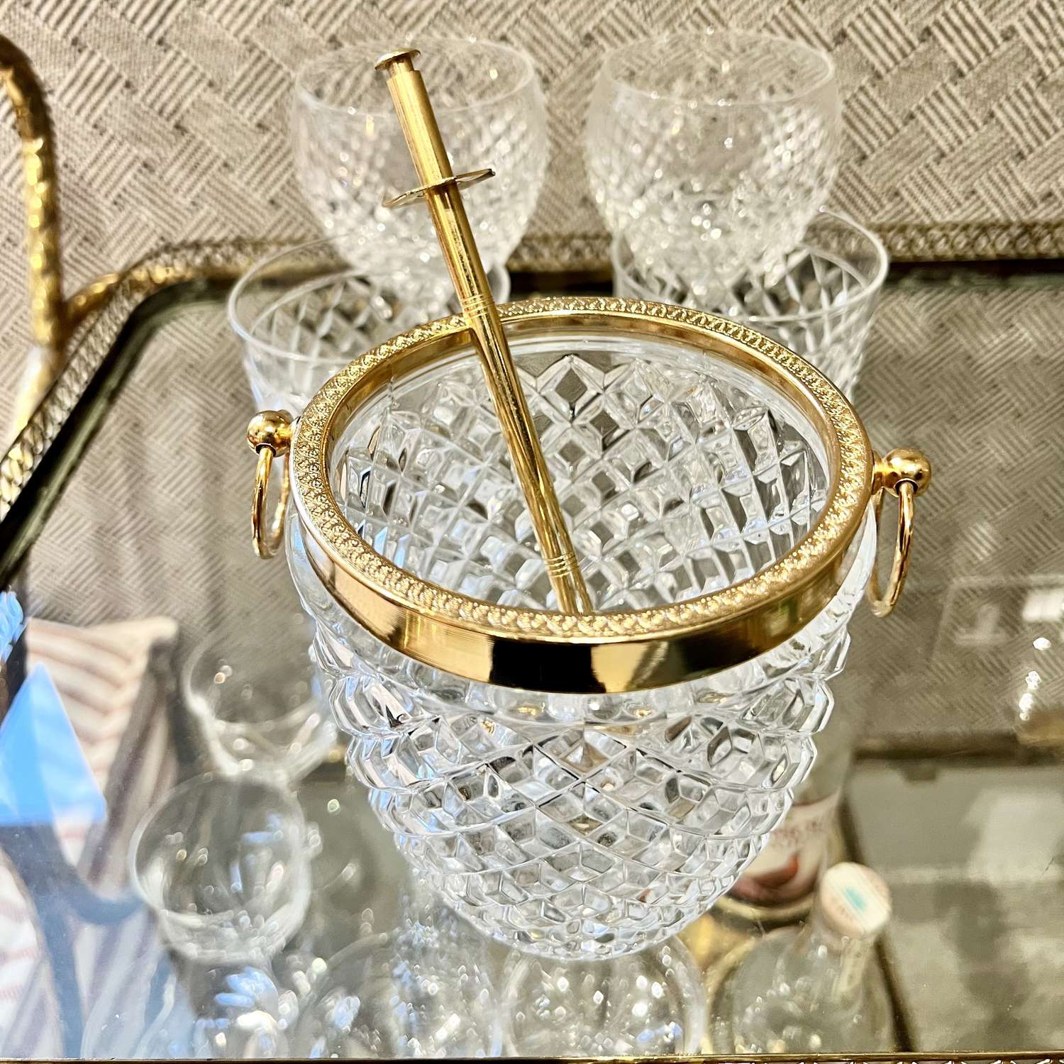 French Gold Plated & Hobnail Cut Glass Ice Bucket & Tongs