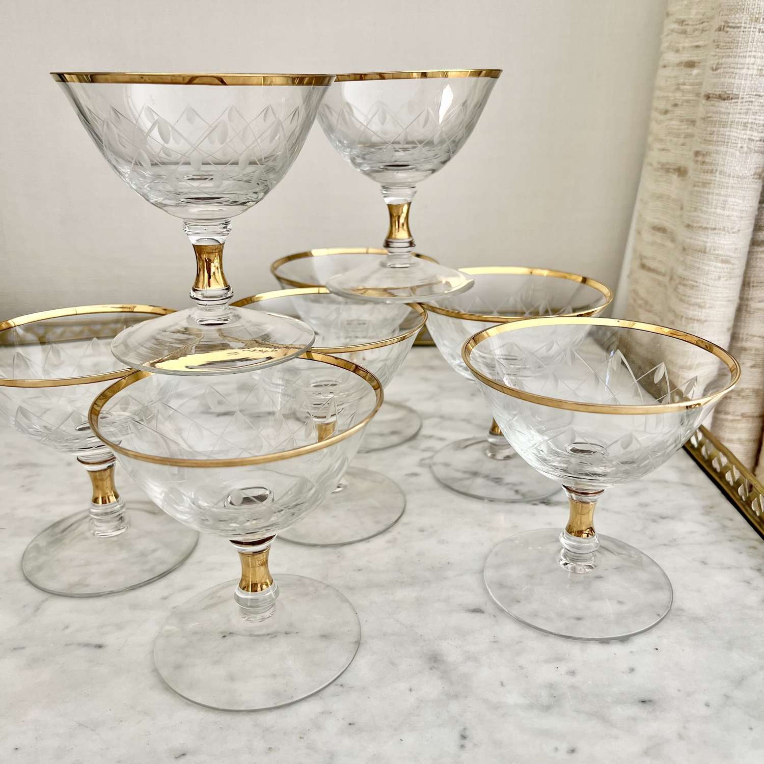 French Gold & Etched Champagne Or Cocktail Coupes