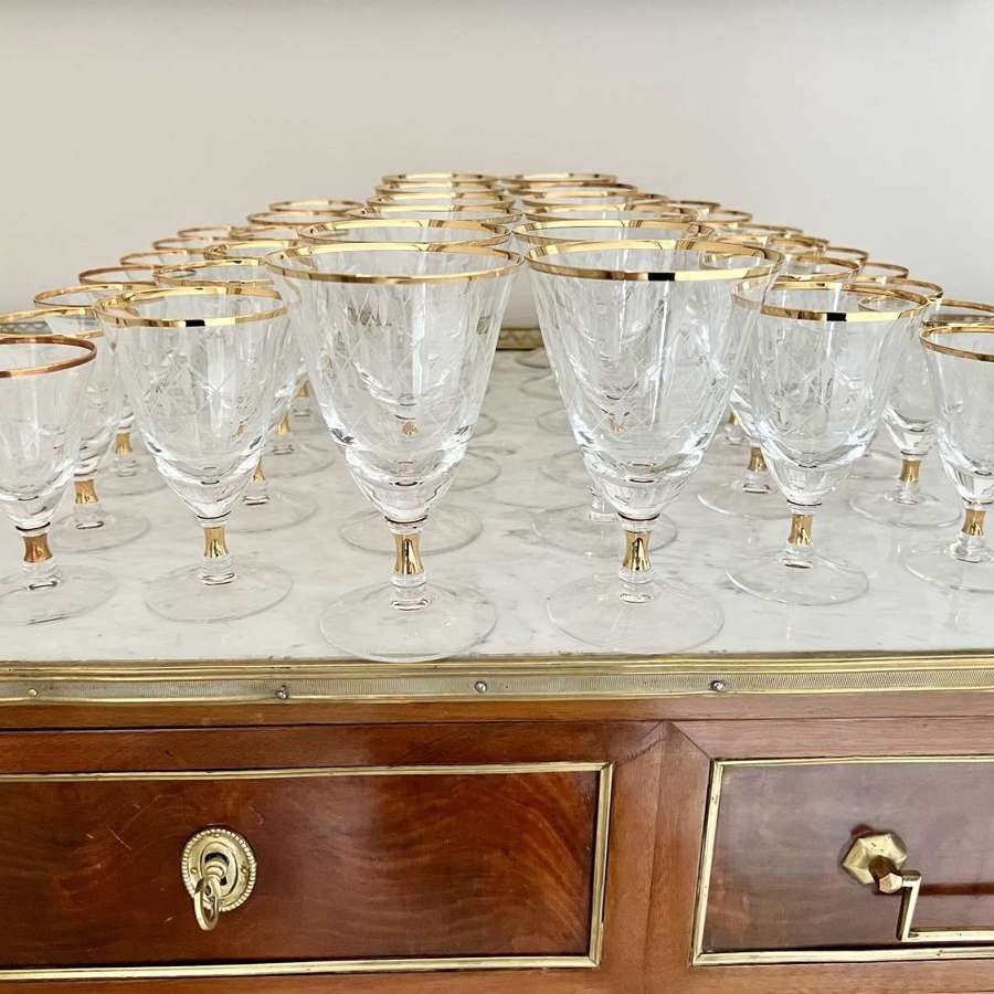 Suite Of 38 French Gold & Etched Wine Glasses 1950s